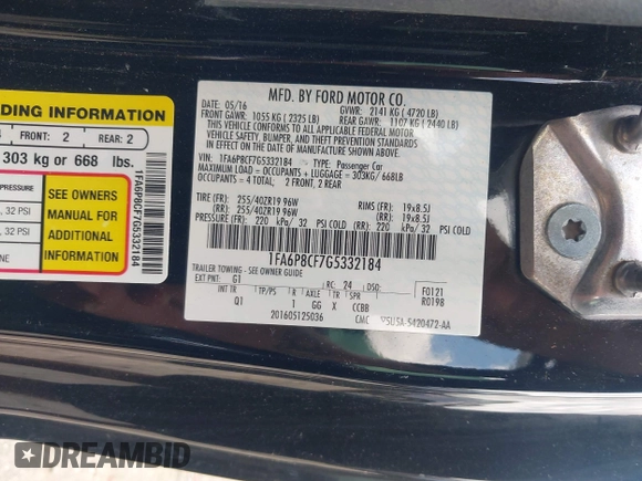 2016 Ford Mustang GT with VIN 1FA6P8CF7G5332184, listed as a IAAI auction lot 42469612 with 56,593 mi miles and . Bid and sale history available at DreamBid. Image 9.