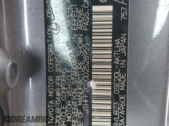 2013 Lexus IS 250 C with VIN JTHFF2C20D2528955, listed as a Copart auction lot 55382295 with 108,397 mi miles and Salvage title. Bid and sale history available at DreamBid. Image 12.