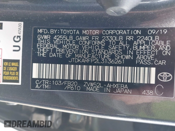2020 Toyota Prius LE with VIN JTDKARFP2L3136261, listed as a IAAI auction lot 41752037 with Not Provided miles and . Bid and sale history available at DreamBid. Image 9.