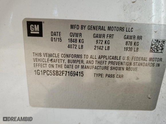 2015 Chevrolet Cruze LT with VIN 1G1PC5SB2F7169415, listed as a Copart auction lot 53782945 with 50,677 mi miles and Clean Title. Bid and sale history available at carsss.com. Image 12.