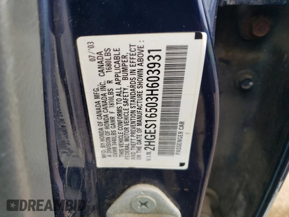 2003 Honda Civic LX z VIN 2HGES16503H603931, wystawiony jako Copart lot #59036635 z przebiegiem 181 421 mil mil oraz Czysty tytuł • Clean title. Historia ofert i sprzedaży dostępna na DreamBid. Obrazek 12.