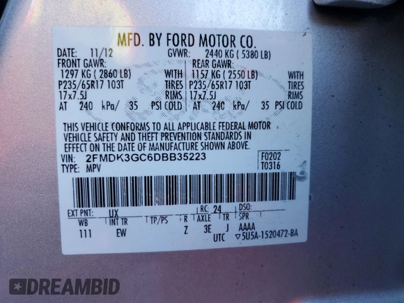 2013 Ford Edge SE with VIN 2FMDK3GC6DBB35223, listed as a Copart auction lot 65051945 with 172,879 mi miles and Salvage title. Bid and sale history available at DreamBid. Image 13.