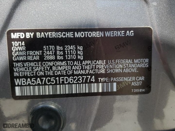 2015 BMW 5 Series 528i xDrive with VIN WBA5A7C51FD623774, listed as a Copart auction lot 46697615 with 165,115 mi miles and Salvage Title. Bid and sale history available at carsss.com. Image 12.