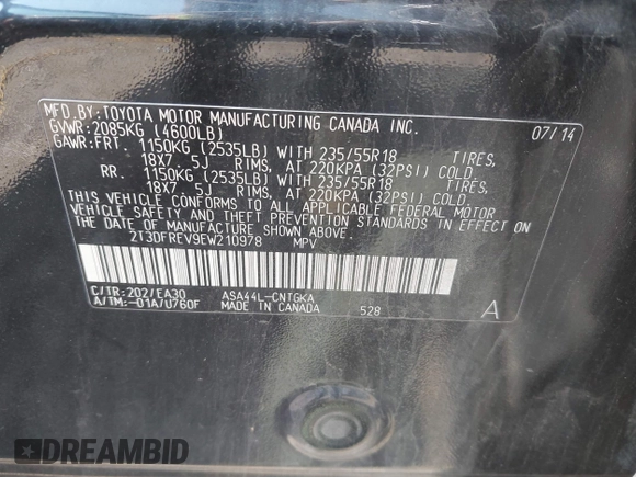 2014 Toyota RAV4 Limited with VIN 2T3DFREV9EW210978, listed as a IAAI auction lot 42411664 with 246,198 mi miles and . Bid and sale history available at DreamBid. Image 9.