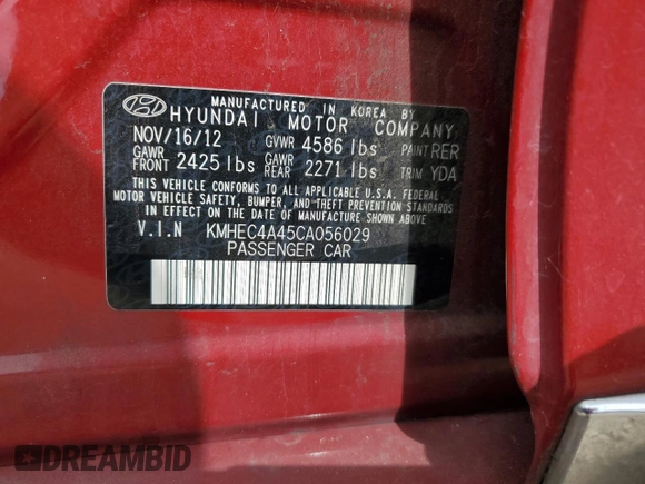 2012 Hyundai Sonata Hybrid with VIN KMHEC4A45CA056029, listed as a Copart auction lot 54875065 with 180,025 mi miles and Clean Title. Bid and sale history available at DreamBid. Image 12.