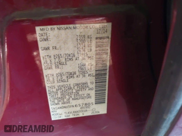 2015 Nissan Xterra S with VIN 5N1AN0NU3FN657805, listed as a IAAI auction lot 41493531 with 87,011 mi miles and . Bid and sale history available at DreamBid. Image 9.