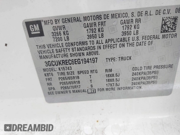 2014 Chevrolet Silverado 1500 LT with VIN 3GCUKREC6EG194197, listed as a IAAI auction lot 41999718 with 206,916 mi miles and . Bid and sale history available at DreamBid. Image 9.