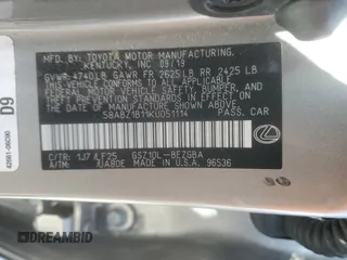 2019 Lexus ES 350 with VIN 58ABZ1B11KU051114, listed as a Copart auction lot 51112865 with 75,597 mi miles and Clean Title. Bid and sale history available at DreamBid. Image 13.
