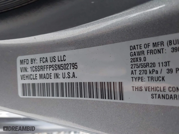 2025 Ram 1500 Big Horn with VIN 1C6SRFFP5SN502795, listed as a IAAI auction lot 41498981 with 6,565 mi miles. Bid and sale history available at carsss.com. Image 9.