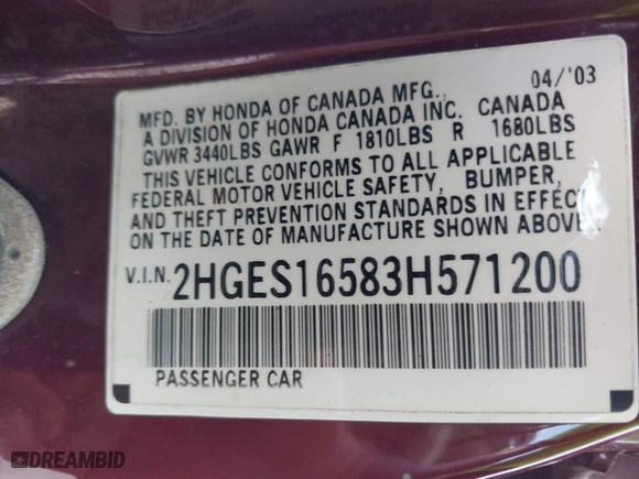 2003 Honda Civic LX with VIN 2HGES16583H571200, listed as a IAAI auction lot 42103633 with 177,302 mi miles. Bid and sale history available at carsss.com. Image 9.