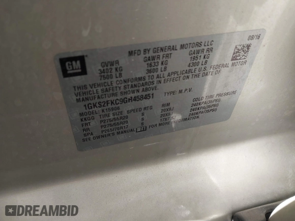 2016 GMC Yukon XL SLE with VIN 1GKS2FKC9GR458451, listed as a IAAI auction lot 41664562 with 196,400 mi miles. Bid and sale history available at carsss.com. Image 9.
