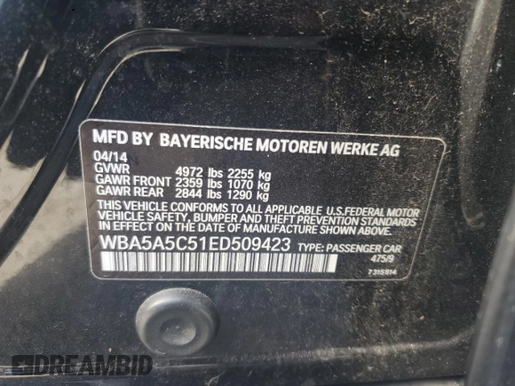 2014 BMW 5 Series 528i z VIN WBA5A5C51ED509423, wystawiony jako Copart lot #88244425 z przebiegiem 65 844 mil mil oraz Szkoda całkowita • Salvage title. Historia ofert i sprzedaży dostępna na DreamBid. Obrazek 12.