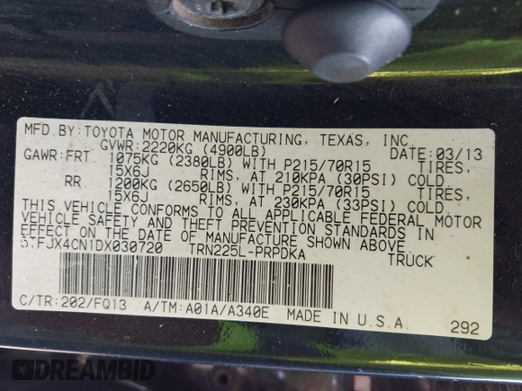 2013 Toyota Tacoma with VIN 5TFJX4CN1DX030720, listed as a IAAI auction lot 42750091 with 88,318 mi miles and . Bid and sale history available at DreamBid. Image 9.