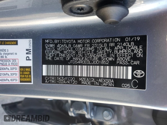 2020 Toyota Corolla SE with VIN JTDS4RCE0LJ001852, listed as a Copart auction lot 50583125 with 68,421 mi miles and Salvage Title. Bid and sale history available at DreamBid. Image 12.