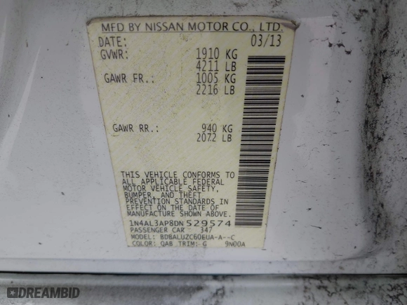 2013 Nissan Altima 2.5 SL with VIN 1N4AL3AP8DN529574, listed as a IAAI auction lot 41833573 with 115,158 mi miles. Bid and sale history available at carsss.com. Image 9.