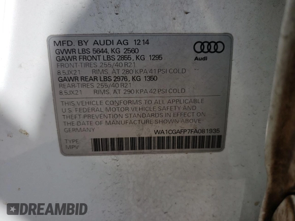 2015 Audi SQ5 Premium Plus with VIN WA1CGAFP7FA081935, listed as a Copart auction lot 51219263 with 107,134 mi miles. Bid and sale history available at carsss.com. Image 13.