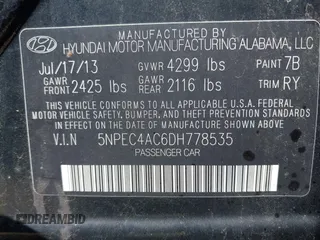 2013 Hyundai Sonata Limited with VIN 5NPEC4AC6DH778535, listed as a IAAI auction lot 42198861 with 74,521 mi miles and . Bid and sale history available at DreamBid. Image 9.