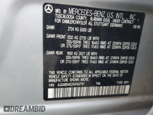 1999 Mercedes-Benz M 320/430/500 z VIN 4JGAB54E2XA142741, wystawiony jako Copart lot #45057045 z przebiegiem 72 285 mil mil oraz Szkoda całkowita • Salvage title. Historia ofert i sprzedaży dostępna na DreamBid. Obrazek 13.