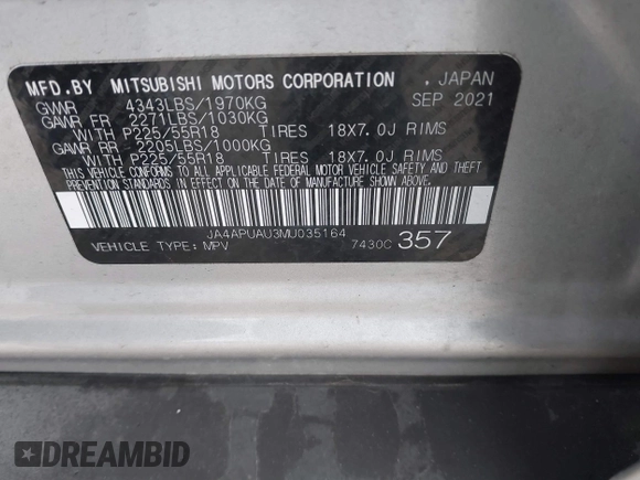 2021 Mitsubishi Outlander ES z VIN JA4APUAU3MU035164, wystawiony jako IAAI lot #41256967 z przebiegiem 67 932 mil mil oraz . Historia ofert i sprzedaży dostępna na DreamBid. Obrazek 9.