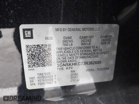 2018 Chevrolet Suburban LT z VIN 1GNSKHKC7JR382685, wystawiony jako IAAI lot #42077286 z przebiegiem 137 206 mil mil oraz . Historia ofert i sprzedaży dostępna na DreamBid. Obrazek 9.