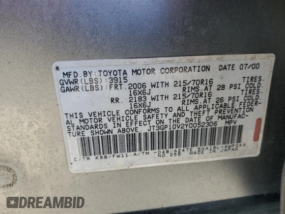 2000 Toyota RAV4 with VIN JT3GP10V2Y0052306, listed as a Copart auction lot 54726325 with 244,910 mi miles and Salvage title. Bid and sale history available at DreamBid. Image 13.