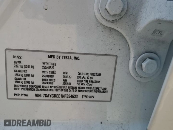 2022 Tesla Model Y Long Range z VIN 7SAYGDEE1NF354633, wystawiony jako Copart lot #55221835 z przebiegiem 53 821 mil mil oraz Szkoda całkowita • Salvage title. Historia ofert i sprzedaży dostępna na DreamBid. Obrazek 13.