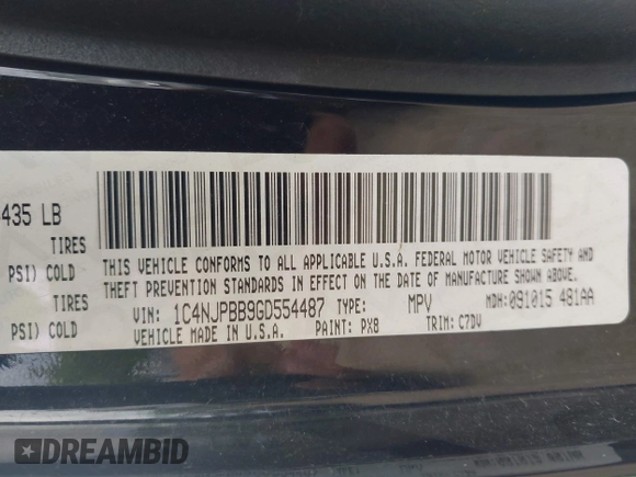 2016 Jeep Patriot Sport with VIN 1C4NJPBB9GD554487, listed as a IAAI auction lot 42796788 with 151,086 mi miles and . Bid and sale history available at DreamBid. Image 9.