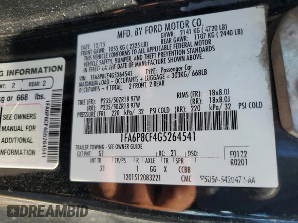 2016 Ford Mustang GT with VIN 1FA6P8CF4G5264541, listed as a Copart auction lot 50101915 with 82,824 mi miles and Salvage title. Bid and sale history available at DreamBid. Image 12.