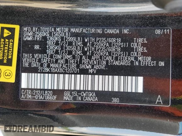 2011 Lexus RX 350 with VIN 2T2BK1BAXBC120701, listed as a Copart auction lot 61620355 with 102,365 mi miles and Clean title. Bid and sale history available at DreamBid. Image 13.