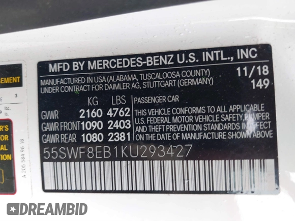 2019 Mercedes-Benz C 300 with VIN 55SWF8EB1KU293427, listed as a IAAI auction lot 41673663 with 61,295 mi miles and . Bid and sale history available at carsss.com. Image 9.