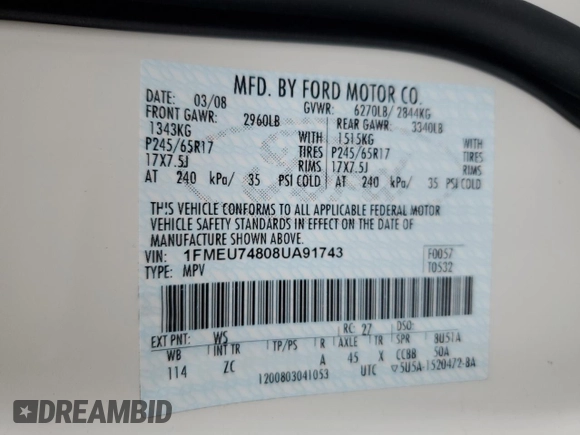 2008 Ford Explorer Eddie Bauer with VIN 1FMEU74808UA91743, listed as a Copart auction lot 56076105 with 88,394 mi miles and Salvage title. Bid and sale history available at DreamBid. Image 13.