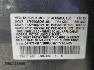 2013 Honda Pilot EX-L z VIN 5FNYF4H77DB035961, wystawiony jako Copart lot #57903095 z przebiegiem 193 387 mil mil oraz Szkoda całkowita • Salvage title. Historia ofert i sprzedaży dostępna na DreamBid. Obrazek 13.