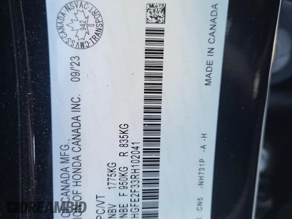 2024 Honda Civic Sedan EX with VIN 2HGFE2F33RH102041, listed as a Copart auction lot 85020794 with 0 mi miles and Salvage Title. Bid and sale history available at carsss.com. Image 12.