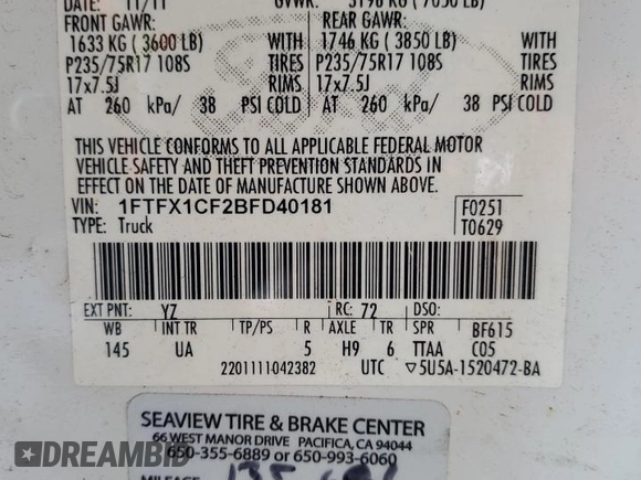 2011 Ford F-150 XL with VIN 1FTFX1CF2BFD40181, listed as a Copart auction lot 43638305 with 168,486 mi miles and Clean Title. Bid and sale history available at carsss.com. Image 12.