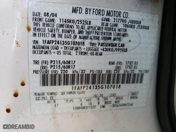 2005 Ford Five Hundred SEL with VIN 1FAFP24135G107018, listed as a Copart auction lot 48006305 with 113,760 mi miles and Salvage Title. Bid and sale history available at carsss.com. Image 12.
