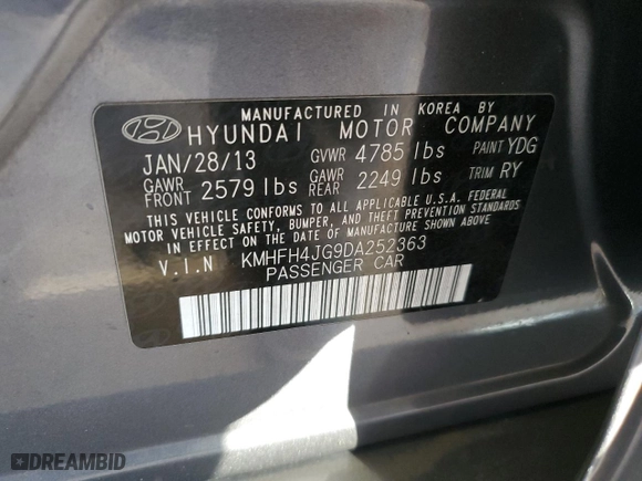2013 Hyundai Azera with VIN KMHFH4JG9DA252363, listed as a Copart auction lot 46349175 with 121,207 mi miles and Salvage Title. Bid and sale history available at carsss.com. Image 14.