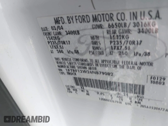 2004 Ford F-150 XL с VIN 1FTRF12W24NB79082, выставлен на аукционе IAAI как лот 42381610 с пробегом Не указан миль и . История ставок и продаж доступна на DreamBid. Изображение 9.