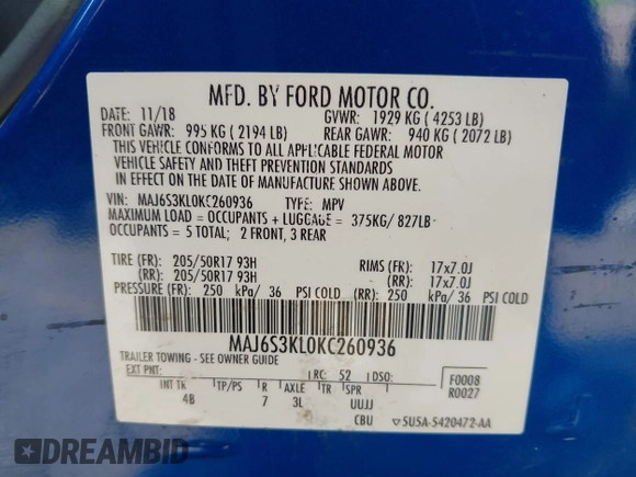 2019 Ford EcoSport Titanium z VIN MAJ6S3KL0KC260936, wystawiony jako IAAI lot #42264210 z przebiegiem 114 755 mil mil oraz . Historia ofert i sprzedaży dostępna na DreamBid. Obrazek 9.