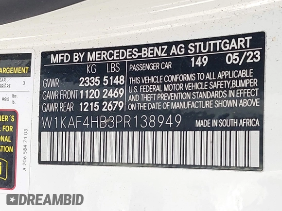 2023 Mercedes-Benz C 300 с VIN W1KAF4HB3PR138949, выставлен на аукционе IAAI как лот 42066845 с пробегом 33 433 миль миль и . История ставок и продаж доступна на DreamBid. Изображение 9.
