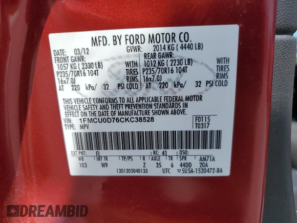 2012 Ford Escape XLT with VIN 1FMCU0D76CKC38528, listed as a Copart auction lot 51428665 with 166,572 mi miles and Salvage Title. Bid and sale history available at carsss.com. Image 13.