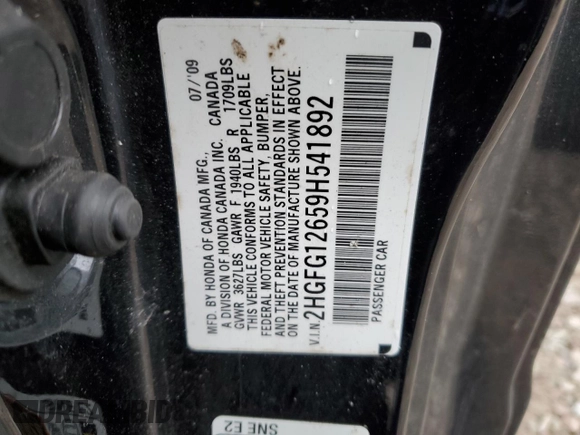 2009 Honda Civic Cpe LX with VIN 2HGFG12659H541892, listed as a Copart auction lot 52978235 with 73,151 mi miles and Salvage Title. Bid and sale history available at carsss.com. Image 12.