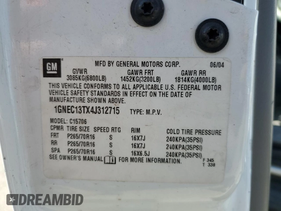 2004 Chevrolet Tahoe LT with VIN 1GNEC13TX4J312715, listed as a Copart auction lot 71969584 with 207,245 mi miles and Salvage Title. Bid and sale history available at carsss.com. Image 13.