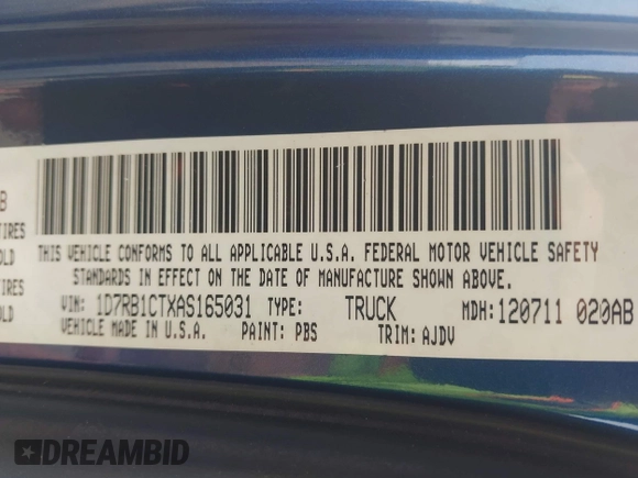 2010 Dodge 1500 SLT с VIN 1D7RB1CTXAS165031, выставлен на аукционе IAAI как лот 42372163 с пробегом 57 489 миль миль и . История ставок и продаж доступна на DreamBid. Изображение 9.