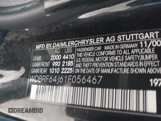 2001 Mercedes-Benz C 320 with VIN WDBRF64J61F056467, listed as a IAAI auction lot 41642611 with 144,008 mi miles and . Bid and sale history available at DreamBid. Image 9.