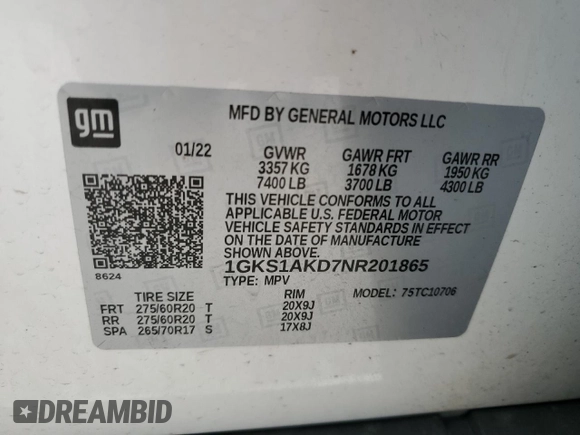2022 GMC Yukon SLE with VIN 1GKS1AKD7NR201865, listed as a Copart auction lot 49668955 with 35,298 mi miles and Salvage Title. Bid and sale history available at carsss.com. Image 16.