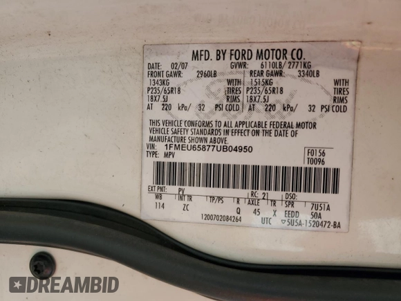 2007 Ford Explorer Limited with VIN 1FMEU65877UB04950, listed as a Copart auction lot 49325205 with 173,857 mi miles and Salvage title. Bid and sale history available at DreamBid. Image 15.