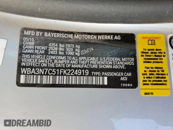 2015 BMW 4 Series 428i with VIN WBA3N7C51FK224919, listed as a Copart auction lot 66759734 with 66,705 mi miles and Clean Title. Bid and sale history available at DreamBid. Image 12.