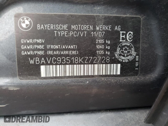 2008 BMW 3 Series 328xi z VIN WBAVC93518KZ72728, wystawiony jako Copart lot #84082564 z przebiegiem 410 050 mil mil oraz Szkoda całkowita • Salvage title. Historia ofert i sprzedaży dostępna na DreamBid. Obrazek 12.