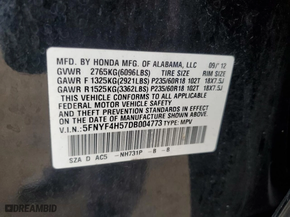 2013 Honda Pilot EX-L with VIN 5FNYF4H57DB004773, listed as a Copart auction lot 72696444 with 150,310 mi miles and Salvage Title. Bid and sale history available at carsss.com. Image 14.