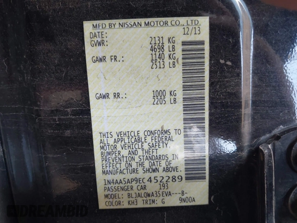 2014 Nissan Maxima S with VIN 1N4AA5AP9EC452289, listed as a IAAI auction lot 42422600 with 118,368 mi miles and . Bid and sale history available at DreamBid. Image 9.